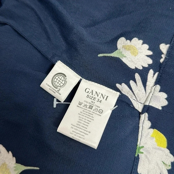Ganni Blouse Wrap Top Long Sleeve Shirt V-Neck Floral Daisy Navy Blue Size US XS - Picture 10 of 13